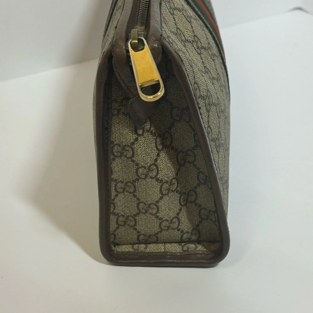 AUTHENTIC Gucci Beige Monogram Pouch/Clutch  with Green and Red Web